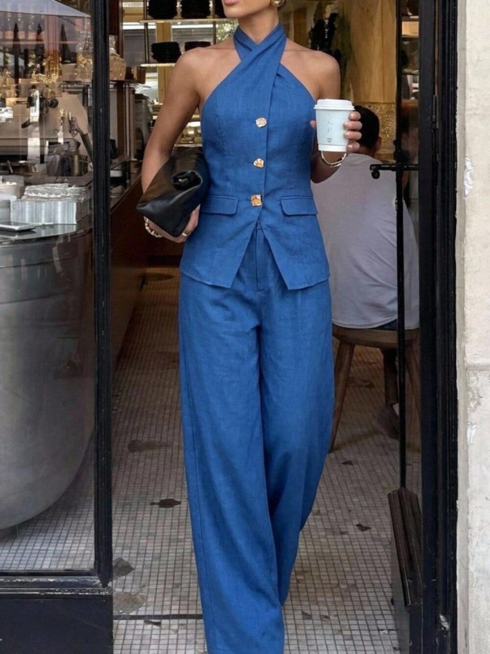 Blue Casual Women's Top & Loose Wide Leg Pants Set